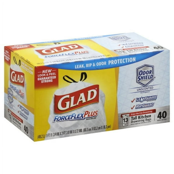 Glad ForceFlexPlus Tall Kitchen Drawstring Trash Bags, Unscented, 13 Gallon, 40 Each