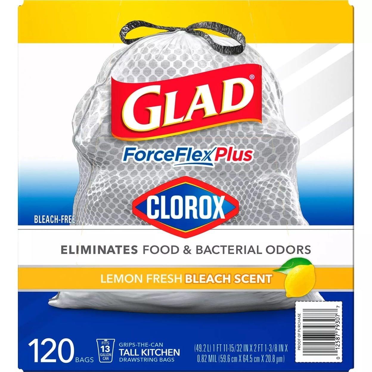 Glad Tall Kitchen Drawstring Grey Trash Bags - ForceFlex Plus with Clorox, Lemon Fresh Bleach Scent (13 gal, 120 Ct.)