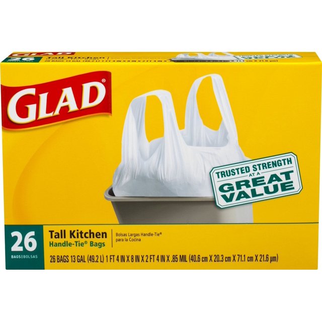 Glad Tall Kitchen HandleTie Trash Bags, White, 13 Gallon, 26 Count