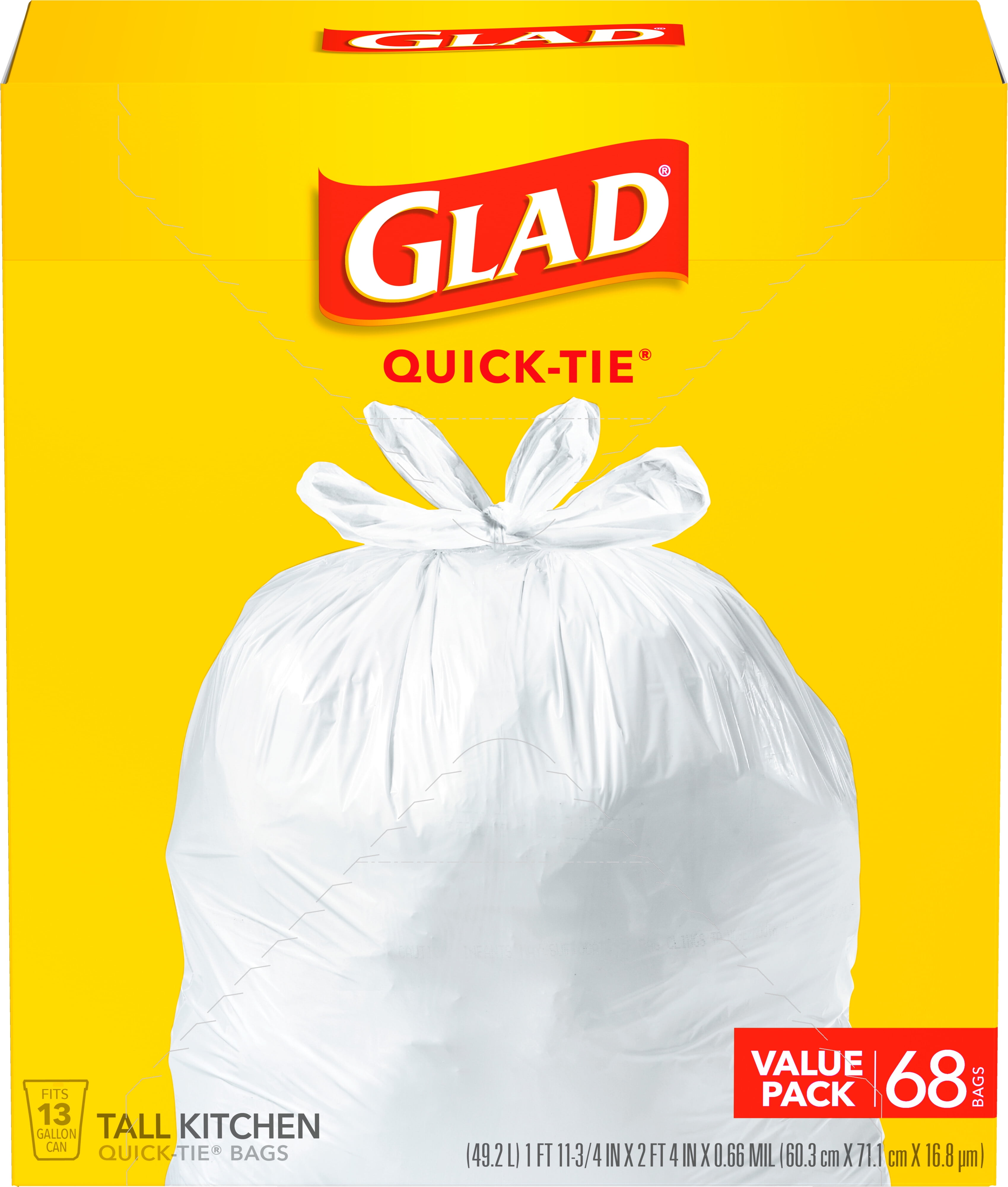 Glad Tall Kitchen Quick Tie Trash Bag, 13 Gallon, 68 Count
