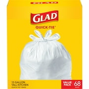 Glad 13-Gallon Tall Kitchen Quick-Tie Trash Bags, White, 68 Bags