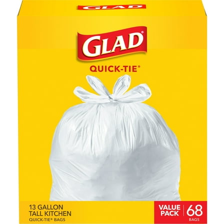 Glad 13-Gallon Tall Kitchen Quick-Tie Trash Bags, White, 68 Bags