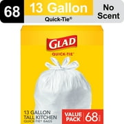 Glad 13-Gallon Tall Kitchen Quick-Tie Trash Bags, White, 68 Bags