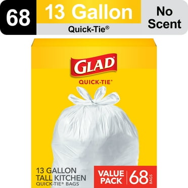 Glad Tall Kitchen Quick-Tie Trash Bags, 13 Gallon, White, 68 Count