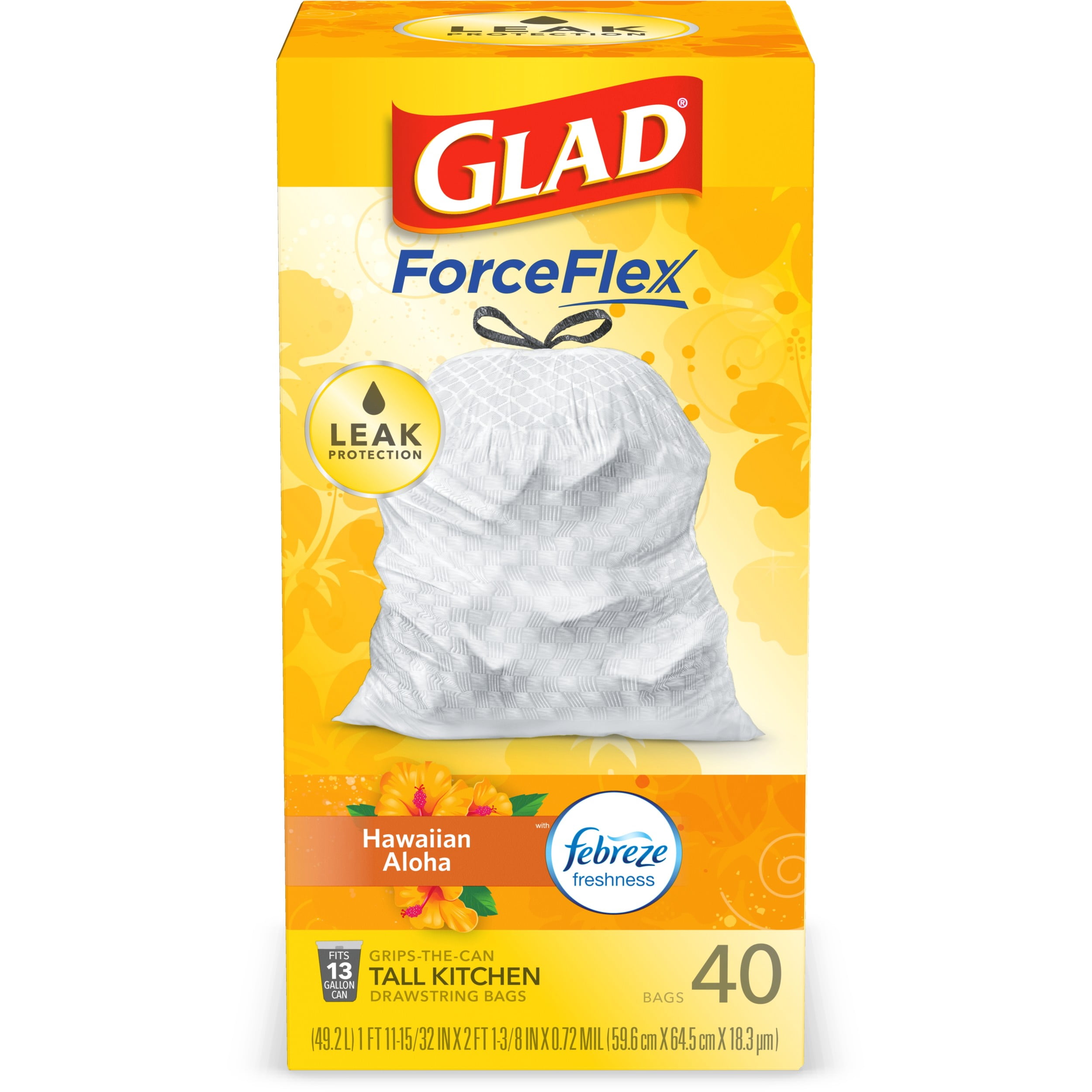 Glad Tall Kitchen Trash Bags, 13 Gallon, 40 Bags (ForceFlex, Hawaiian