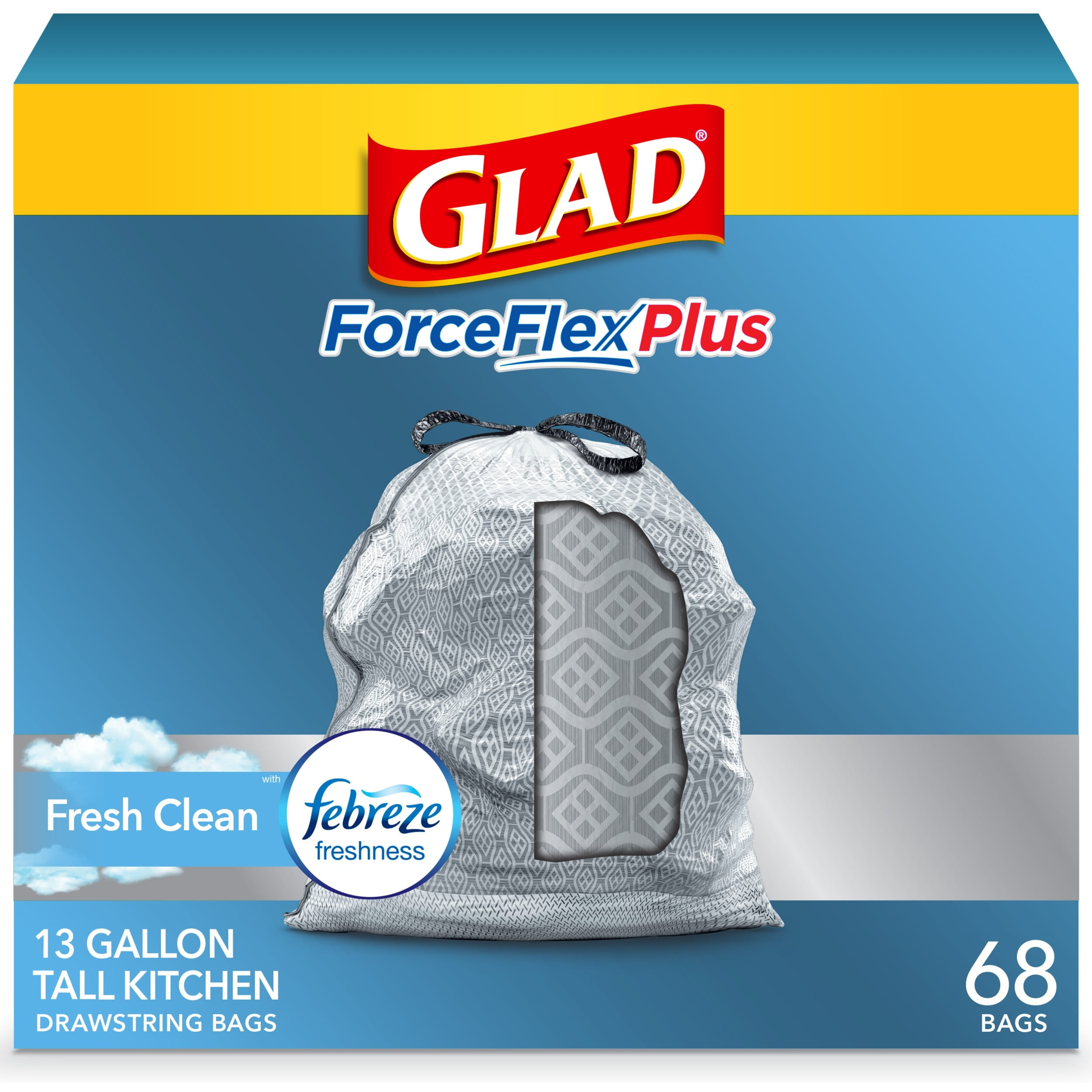 Glad Tall Kitchen Trash Bags, 13 Gallon, 68 Bags (ForceFlexPlus, Fresh  Clean) 