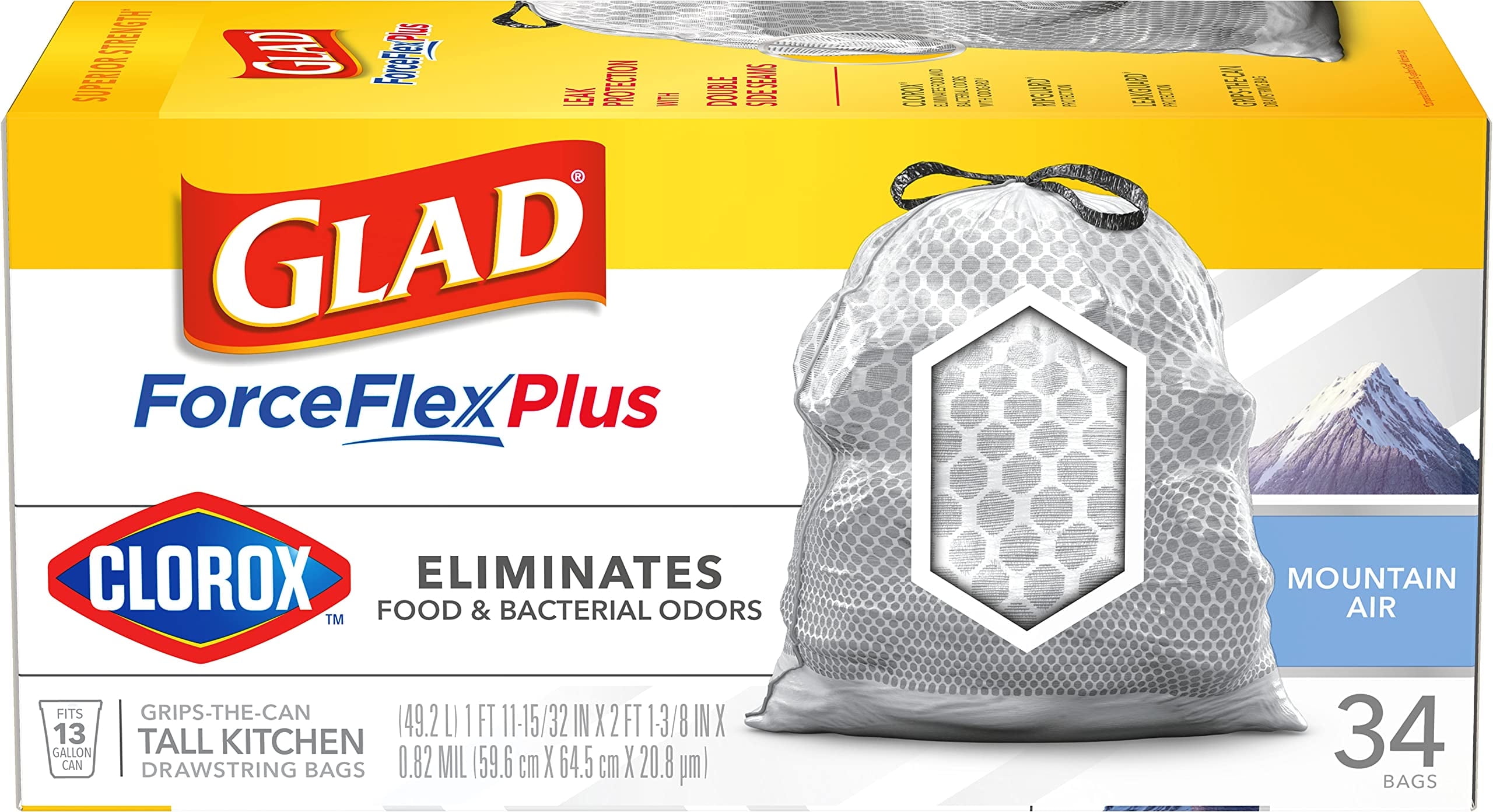 Glad Tall Kitchen Trash Bags ForceFlexPlus,13 Gallon, Mountain Air, 34 Bags