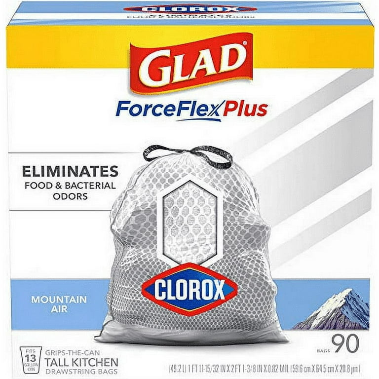 Glad Tall Kitchen Trash Bags ForceFlexPlus with Clorox, 13 Gallon, Mountain Air 90 Count