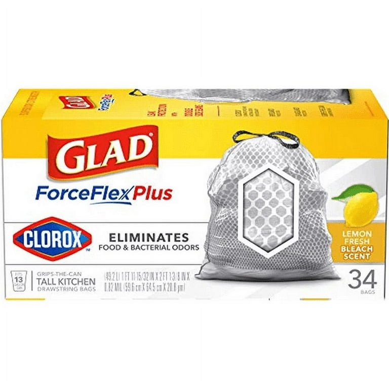 Glad ForceFlex Plus Drawstring Trash Bags, Lemon Fresh Bleach Odor Shield  with Clorox, 13 Gallon, 34-Ct.