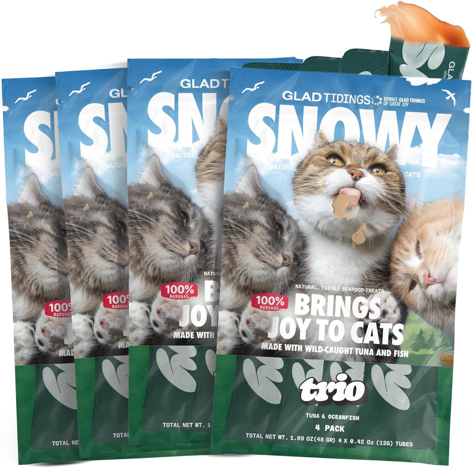 Glad Tidings Snowy's Lickable Seafood Wet Cat Treats, Topper with Vitamin E \u0026 Taurine, Tuna \u0026 Seafood, 16 Count, 1.7 Ounces Trio