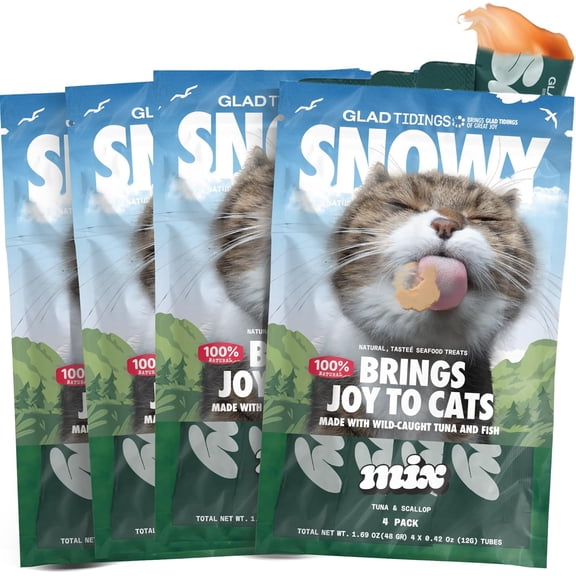 Glad Tidings Snowy's Lickable Wet Seafood Cat Treats Made with Wild-Caught Tuna and Seafood, Creamy Squeezable Pure, Topper with Vitamin E & Taurine (Standard, Tuna + Scallop)