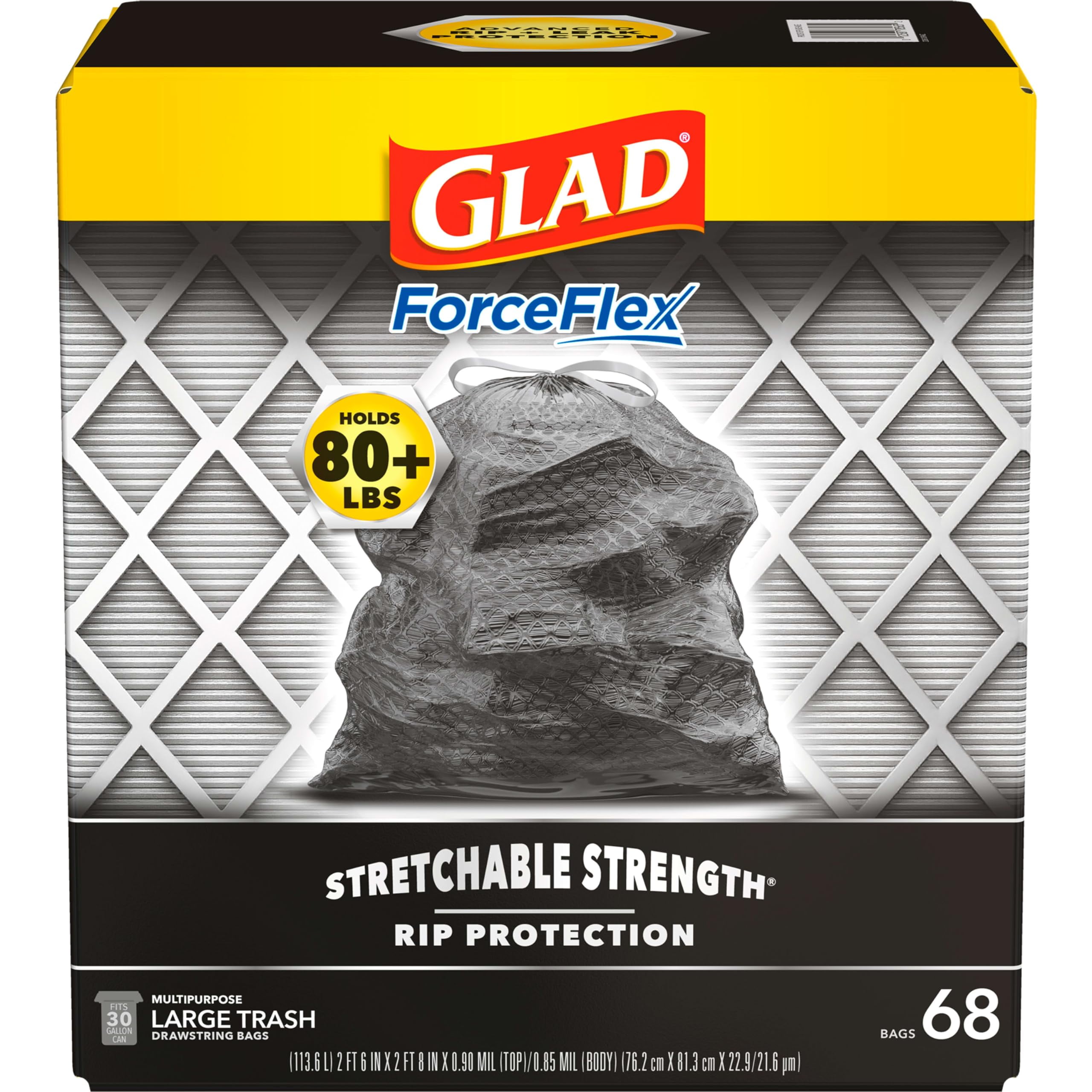 ForceFlex Black 30 Gallon Trash Bags with Rip Protection, 68 Count