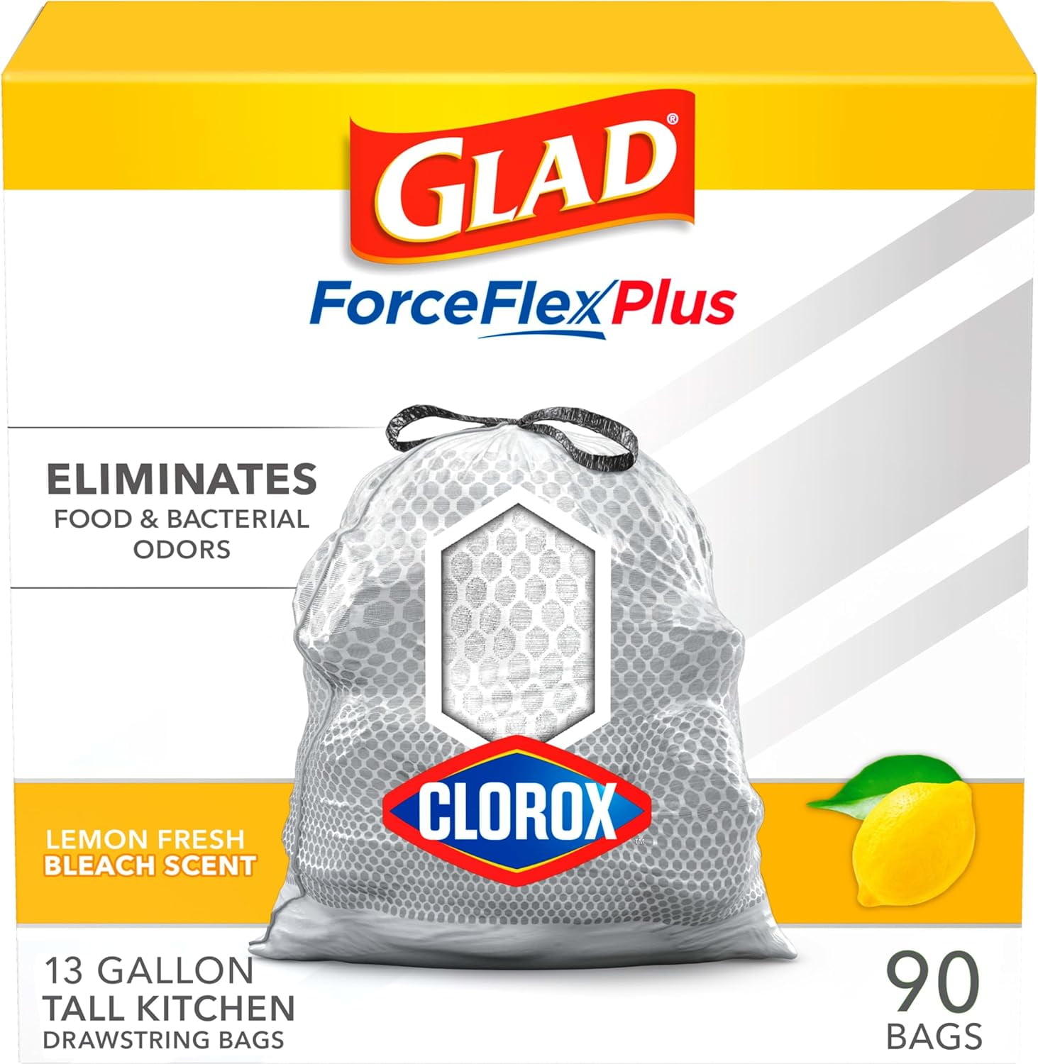 Glad Trash Bags ForceFlex Plus with Clorox, 13 Gallon, Lemon Fresh