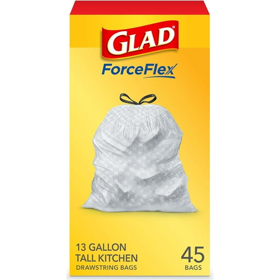 Glad Trash Bags, ForceFlex Tall Kitchen Drawstring Garbage Bags, 13 Gallon White Trash Bag for Kitchen Trash Can, Unscented, 45 Count
