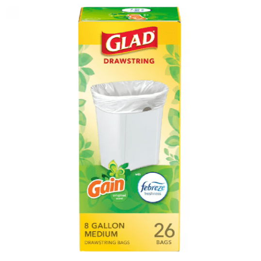 Glad Trash Bags, Medium Drawstring Garbage Bags, 8 Gal, Gain Original Scent with Febreze, 26 Ct, Pack May Vary