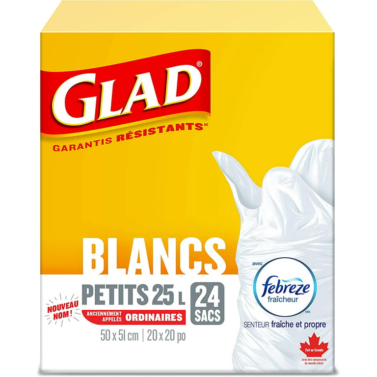 Glad White Garbage Bags - Small 25 Litres - Febreze Fresh Clean Scent, 24 Trash Bags