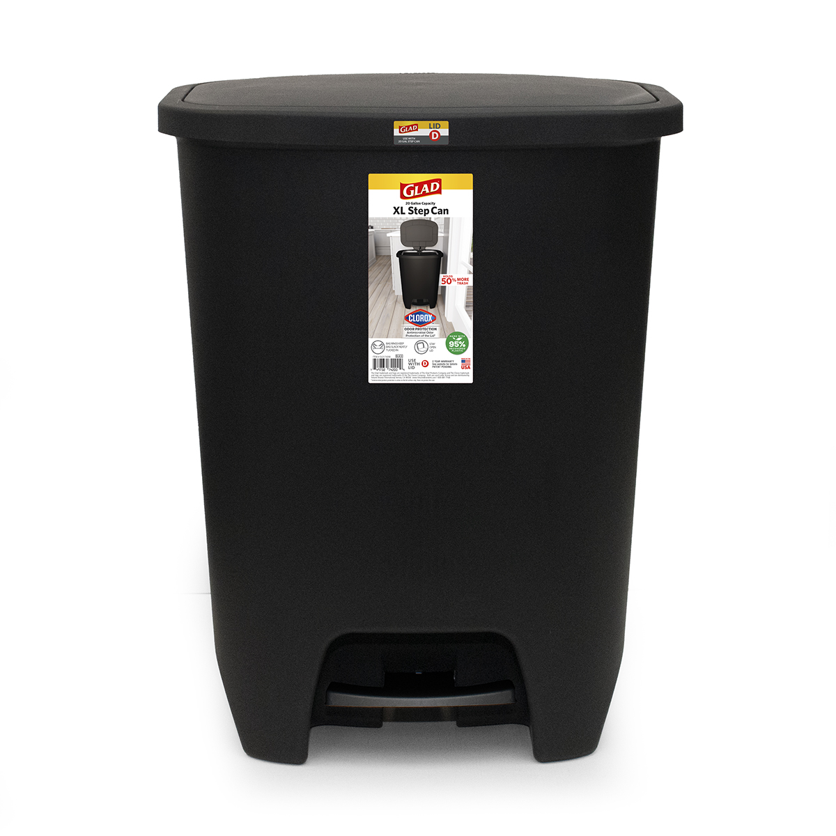 Glad XL Trash Can, Plastic Step-on Kitchen Trash Can, with Clorox Odor Defense, Black - image 1 of 4