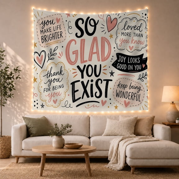 So Glad You Exist Typography Scene with Hearts and Stars, Cheerful Illustration for Affirmation Art Lovers, Wall Decor, Friendship Gift, Tapestry Wall Hanging for Bedroom and Dorm