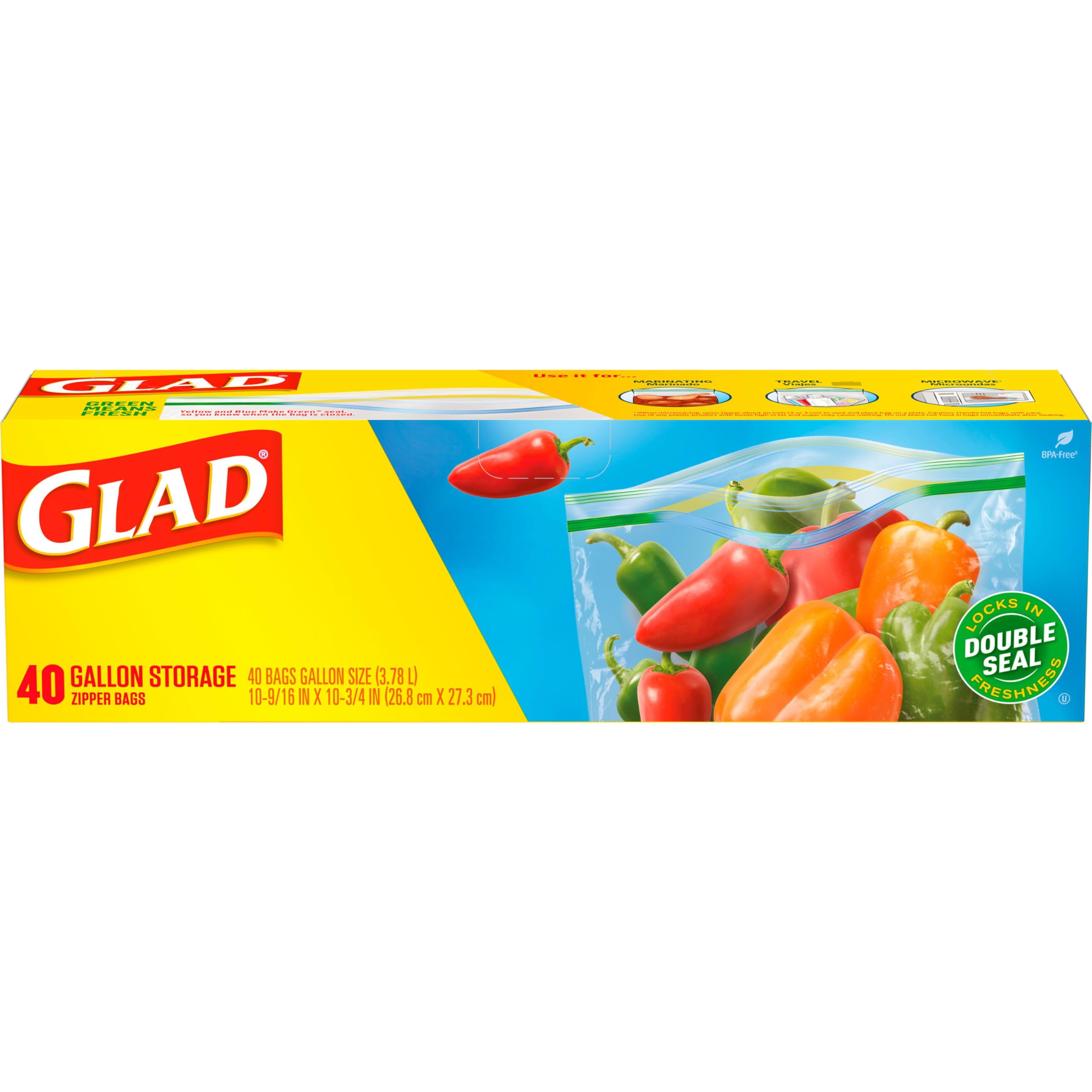 Glad Zipper Food Storage Plastic Bags, Gallon, 40 Count (Packaging May