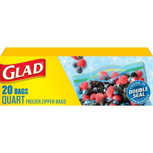 Glad Zipper Freezer Storage Plastic Bags, Quart, 20 Count
