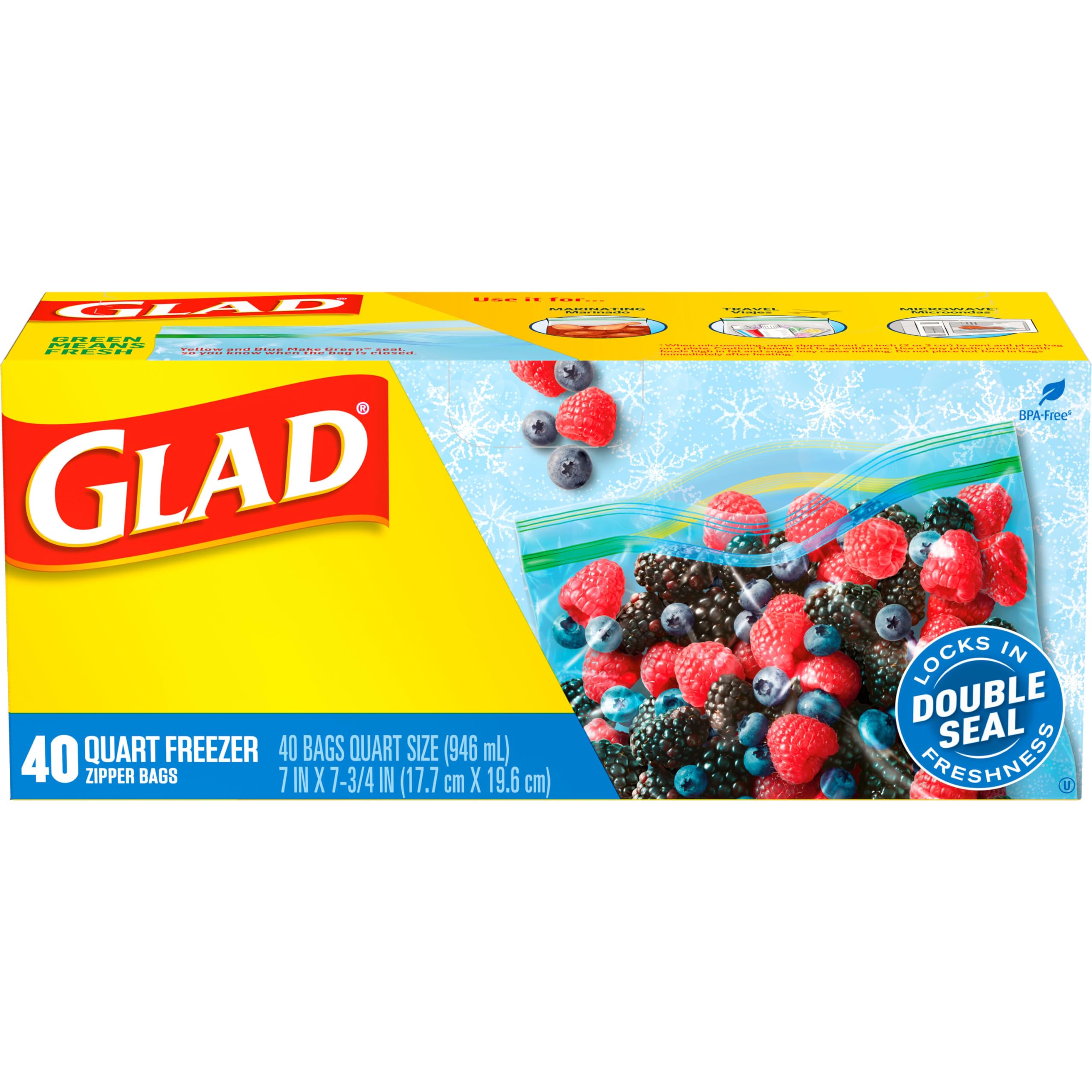 Glad Zipper Freezer Storage Plastic Bags, Quart, 40 Count (Packaging May Vary)