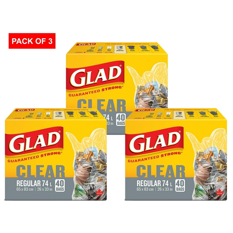 Glad clear garbage Bags regular 74 litres Unscented Trash Bags 40 Count Pack of 3