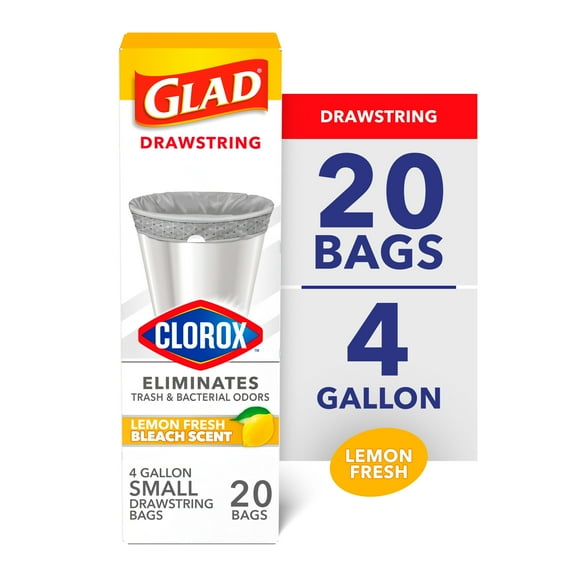 Glad with Clorox 4 Gallon Small Drawstring Trash Bags, Lemon Fresh Bleach Scent, 20 Bags