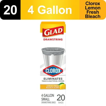 Glad with Clorox 4 Gallon Small Drawstring Trash Bags, Lemon Fresh Bleach Scent, 20 Bags