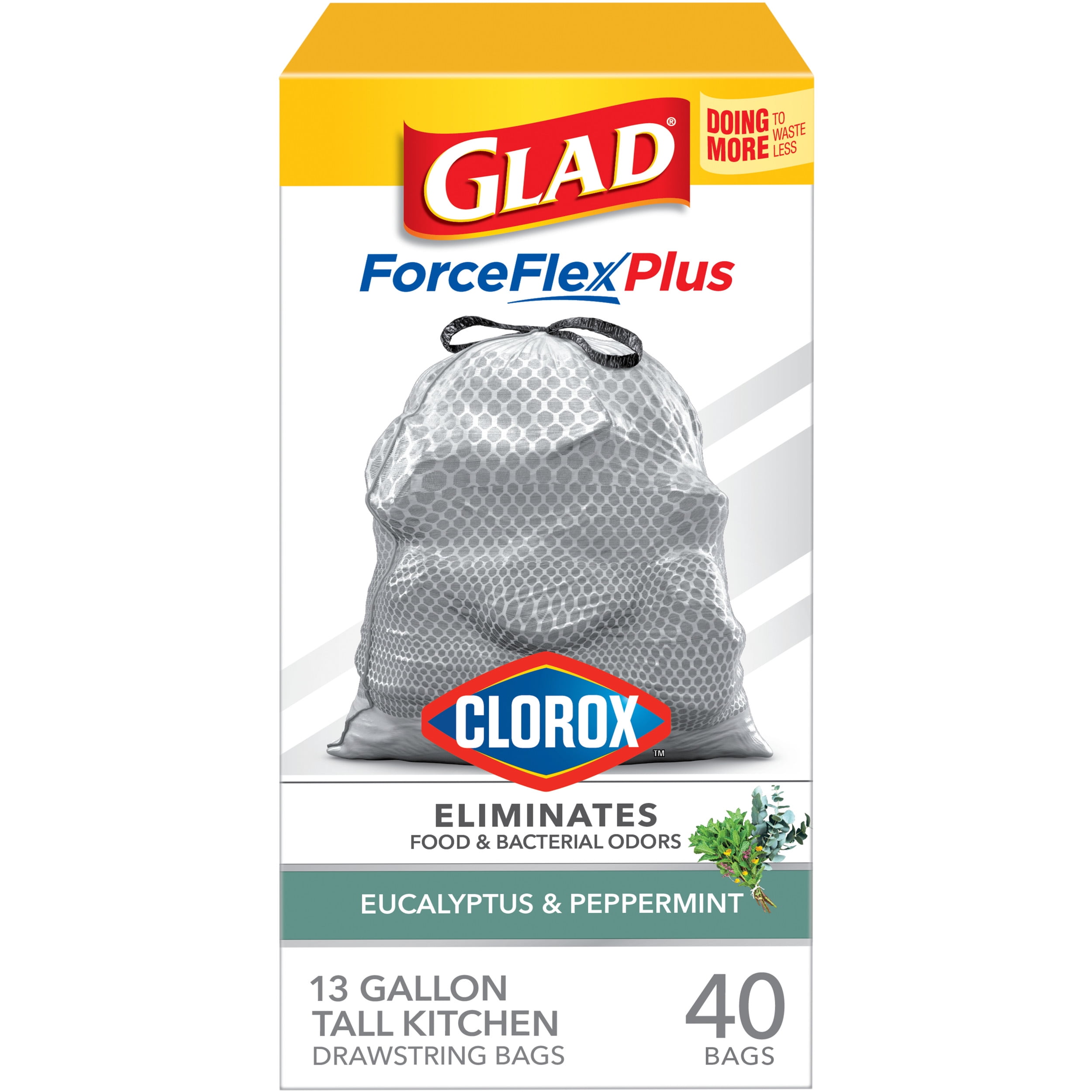  Glad ForceFlex MaxStrength with Clorox Tall Kitchen Drawstring Trash  Bags, 13 Gallon Grey Trash Bags, Eucalyptus and Peppermint Scent, 90 Count  : Health & Household