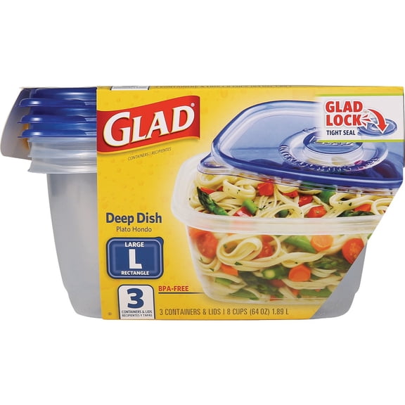 GladWare Deep Dish Containers with Lids, 8 Cups (64 oz) 3 containers