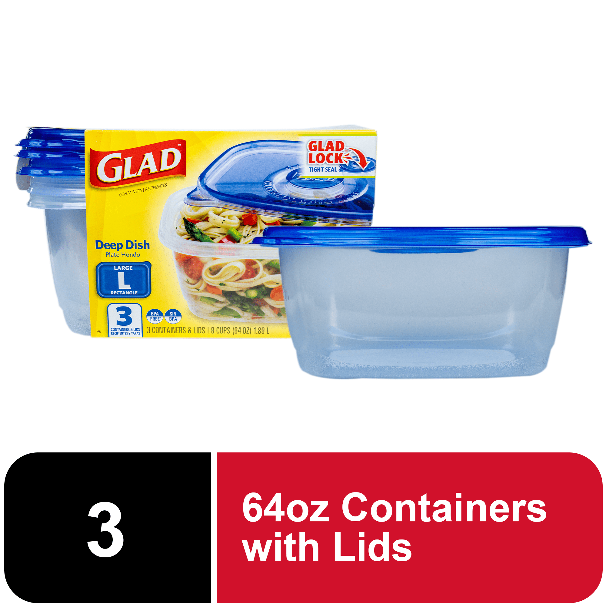 GladWare Everyday Deep Dish 64oz Large Rectangle Containers, 3 Count