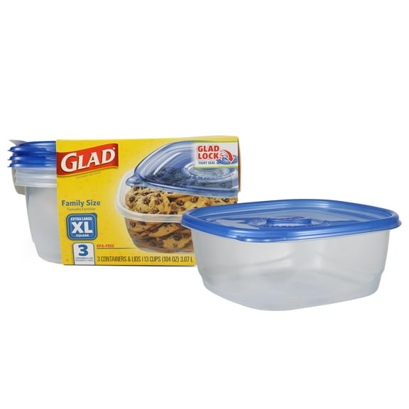GladWare Family SizeTRDNFood Storage Containers, XL | Large Square Food Storage, Containers Hold up to 104 Ounces of Food, Large Set 3 Count Food Containers