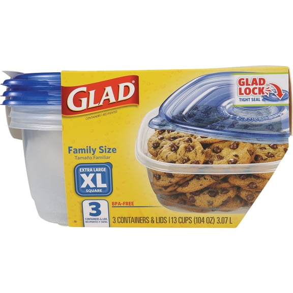 Glad GladWare Food Storage Containers, Square - XL Airtight, 3 Count, 104 oz — Home & Garage Storage, Stackable Design