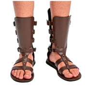 Gladaitor Sandals for Men Caged Buckle Straps Flat Flip Flops Mid Calf Back Zipper Retro Summer Beach Shoes Brown Size 8