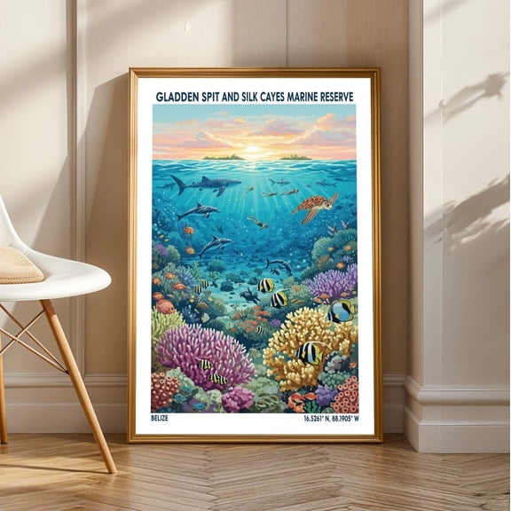 Gladden Spit Belize Art Print - Belize Poster - Central America Wall Art - Ocean Poster - Wildlife Wall Art - Living Room Decor Poster Art, Stretched Canvas Size 12x18