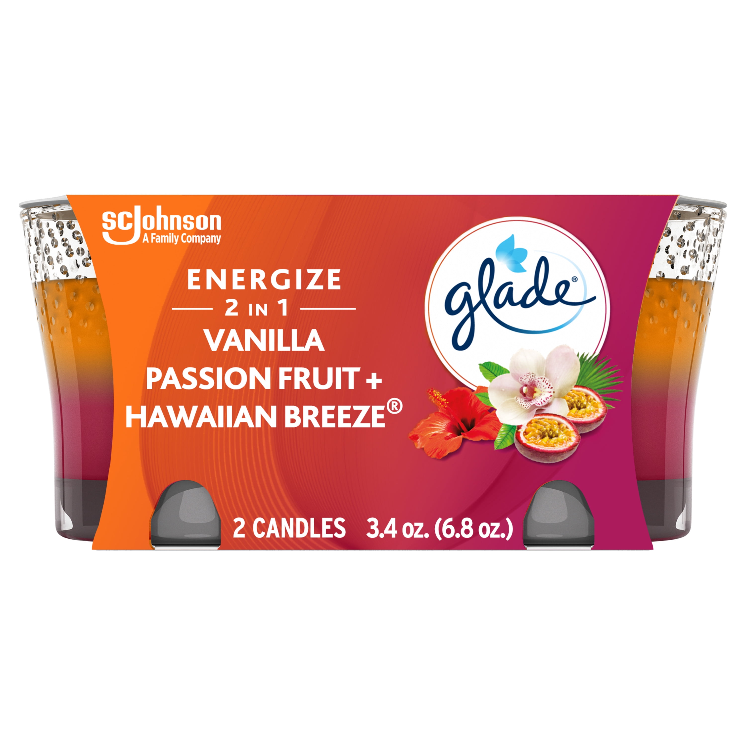 Glade 2 in 1 Candle, Stocking Stuffers, Hawaiian Breeze & Vanilla Passion Fruit, Fragrance Infused with Essential Oils, 2 Count