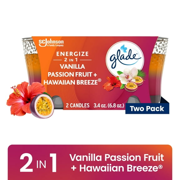Glade 2 in 1 Candle, Hawaiian Breeze & Vanilla Passion Fruit, Fragrance Infused with Essential Oils, 2 Count