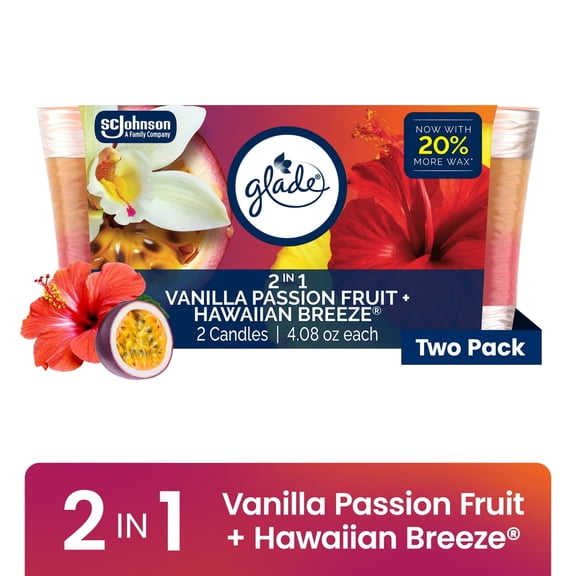 Glade 2in1 Single Wick Candles, Hawaiian Breeze + Vanilla Passionfruit, 8.16 oz