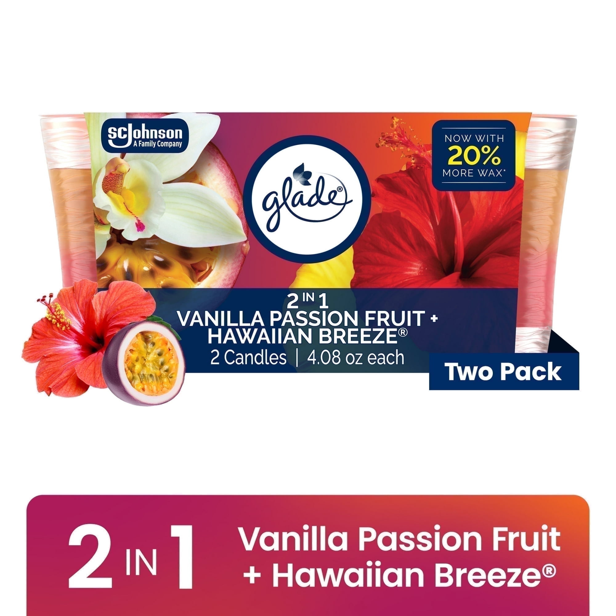 Glade 2in1 Single Wick Candles, Hawaiian Breeze + Vanilla Passionfruit, 8.16 oz