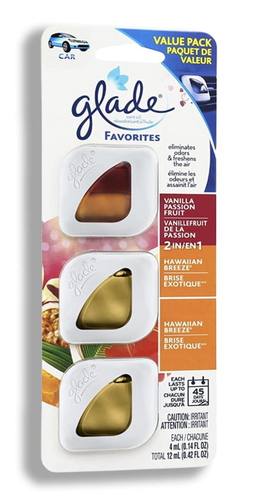 Glade 3-Pack Air Fresheners, Hawaiian Breeze & Vanilla Passion Fruit, 12 mL–Odor Eliminators for Car