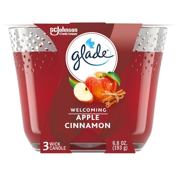 Glade Candle Apple Cinnamon Scent, 3-Wick, 6.8 oz (193 g), 1 Count, Fragrance Infused with Essential Oils, Notes of McIntosh Apple, Cinnamon Spice, Sweet Vanilla, Lead-Free Wick Scented Candles