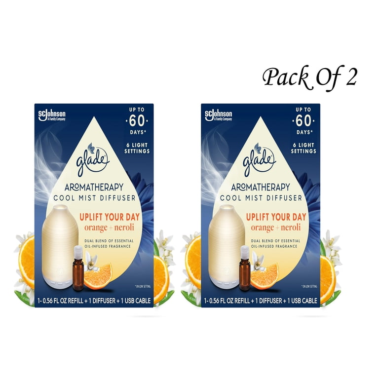 Glade Aromatherapy Cool Mist Diffuser, Uplift Your Day, Orange + Neroli, Dual Blend of Essential Oil-Infused Fragrance, 1 Diffuser + 1 Refill, 0.56 Fl