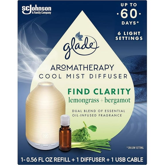 Glade Aromatherapy Diffuser & Essential Oil, Air Freshener for Home, Find Clarity Scent with Notes of Bergamot & Lemongrass, 0.56 Fl Oz