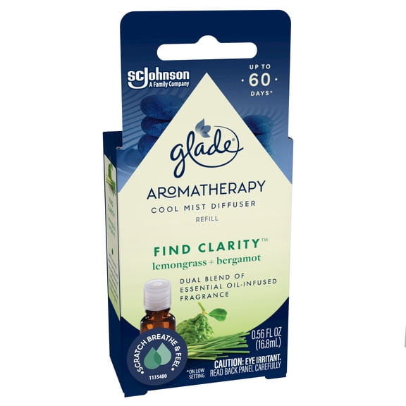 Glade Essential Oil Diffuser Refill, Find Clarity Scentwith Notes of Bergamot & Lemongrass, 0.56 oz (16.8 ml), for Use withCool MistAromatherapy Diffuser & Air Freshener for Home