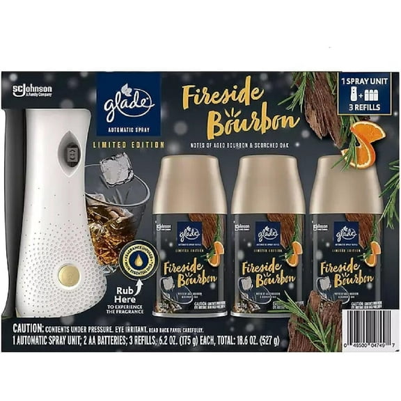 Glade Automatic Spray Air Freshener, 1 Holder + 3 Refills, Fireside Bourbon