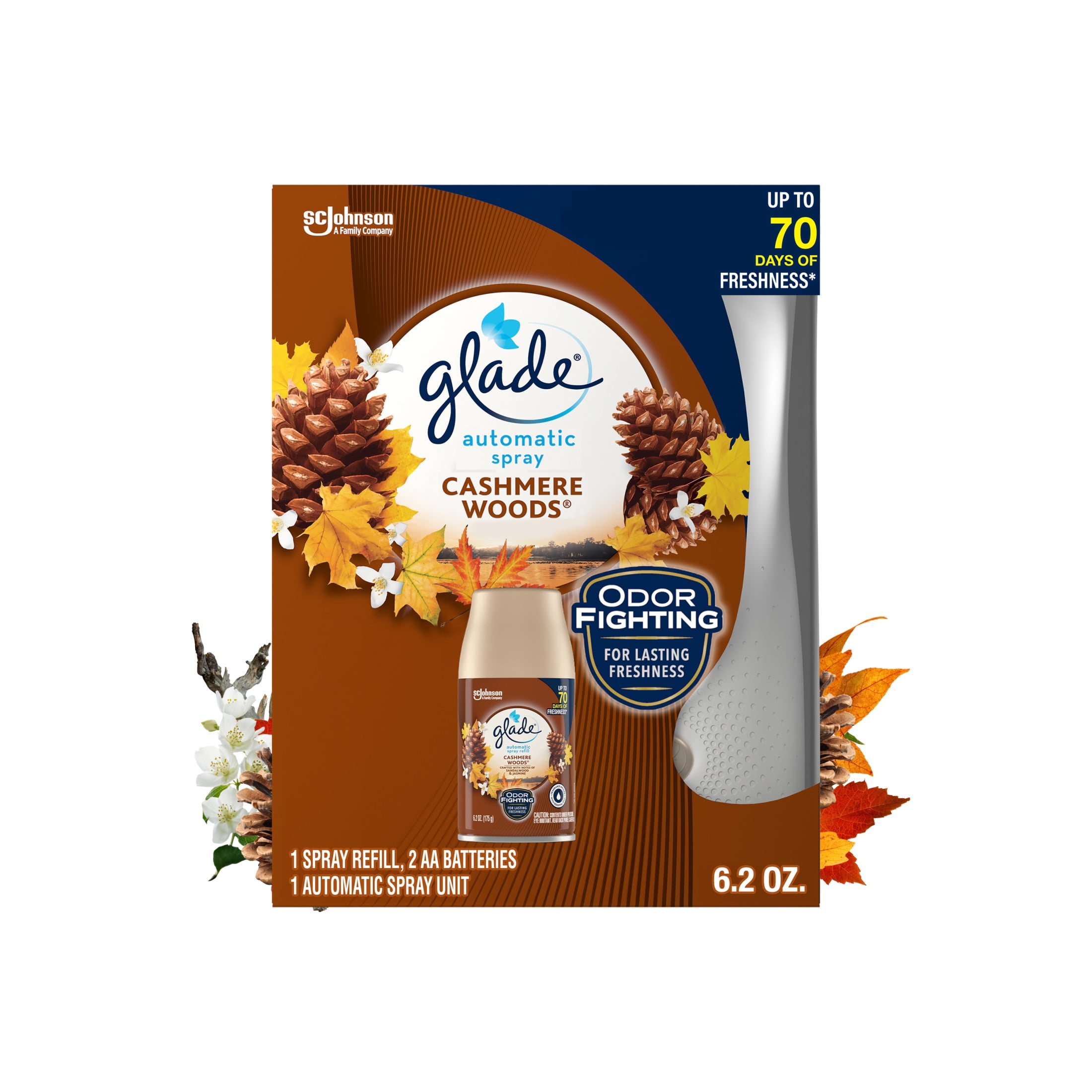 Glade Automatic Spray Air Freshener Starter Kit, Mothers Day Gifts, 1 Holder + 1 Refill, Cashmere Woods, Infused with Essential Oils, 6.2 oz