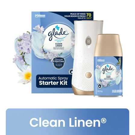 Glade Automatic Spray Air Freshener Starter Kit, 1 Holder and 1 Refill, Mothers Day Gifts, Clean Linen, Fragrance Infused with Essential Oils, 6.2 oz