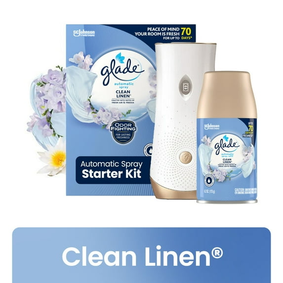 Glade Automatic Spray Air Freshener Starter Kit, 1 Holder and 1 Refill, Mothers Day Gifts, Clean Linen, Fragrance Infused with Essential Oils, 6.2 oz