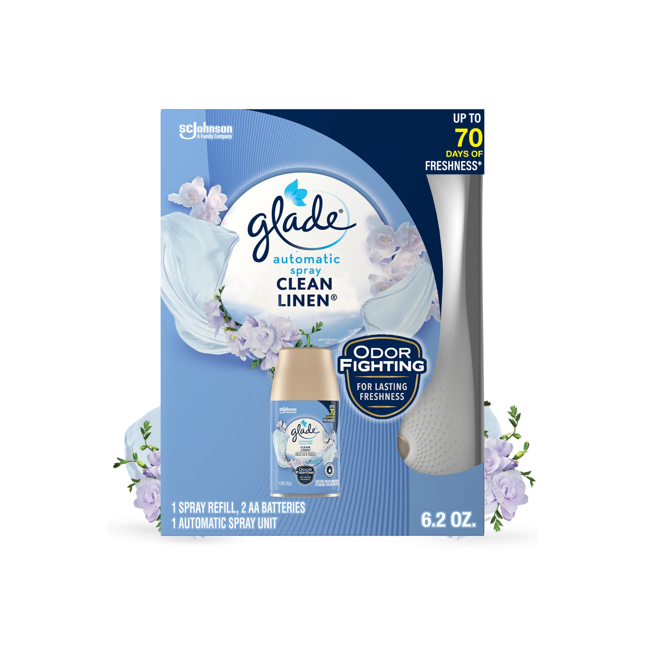 Glade Automatic Spray Air Freshener Starter Kit, Fall Decor, 1 Holder and 1 Refill, Clean Linen, Fragrance Infused with Essential Oils, 6.2 oz, 2 Count