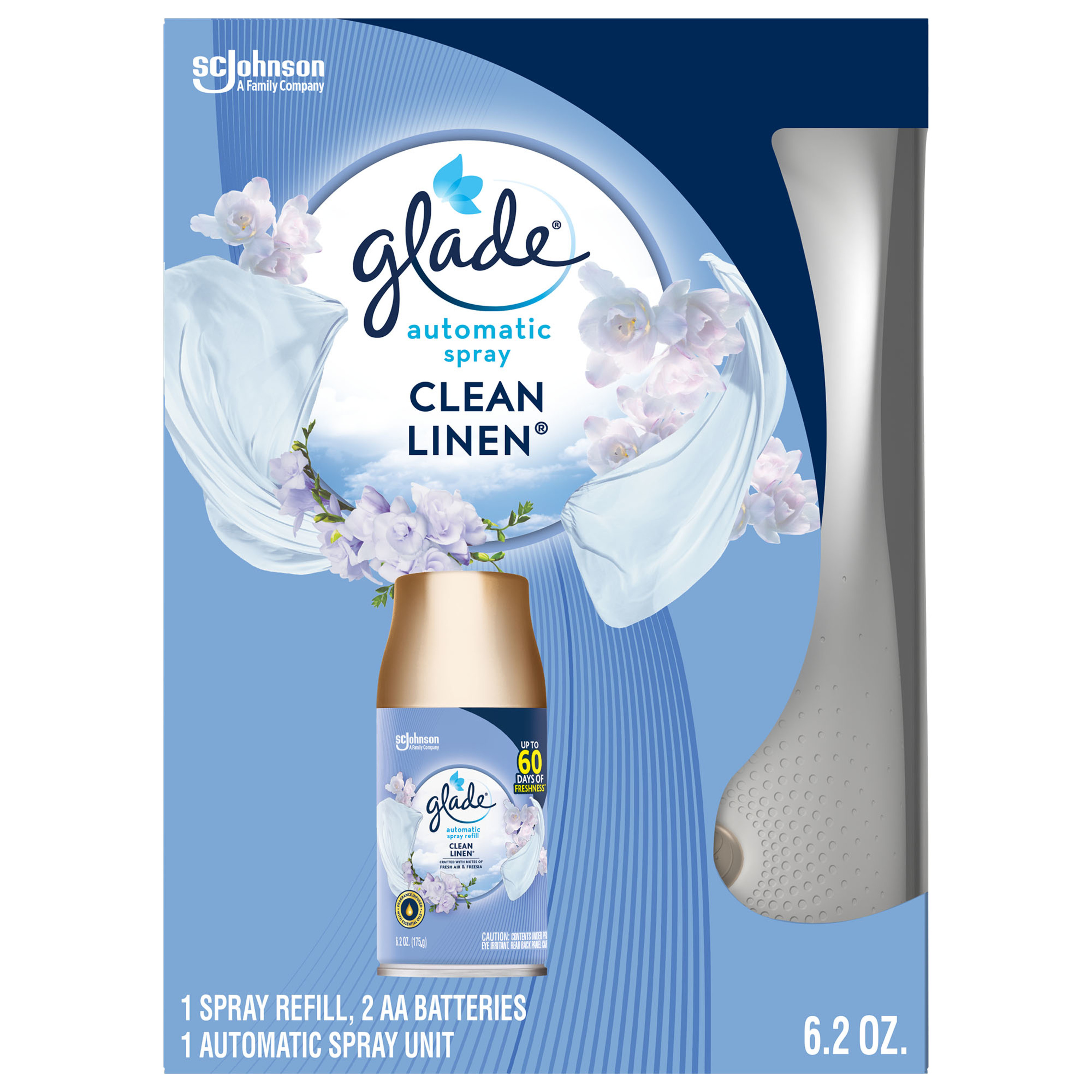 Glade Automatic Spray Air Freshener Starter Kit, 1 Holder and 1 Refill, Mothers Day Gifts, Clean Linen, Fragrance Infused with Essential Oils, 6.2 oz - image 1 of 17